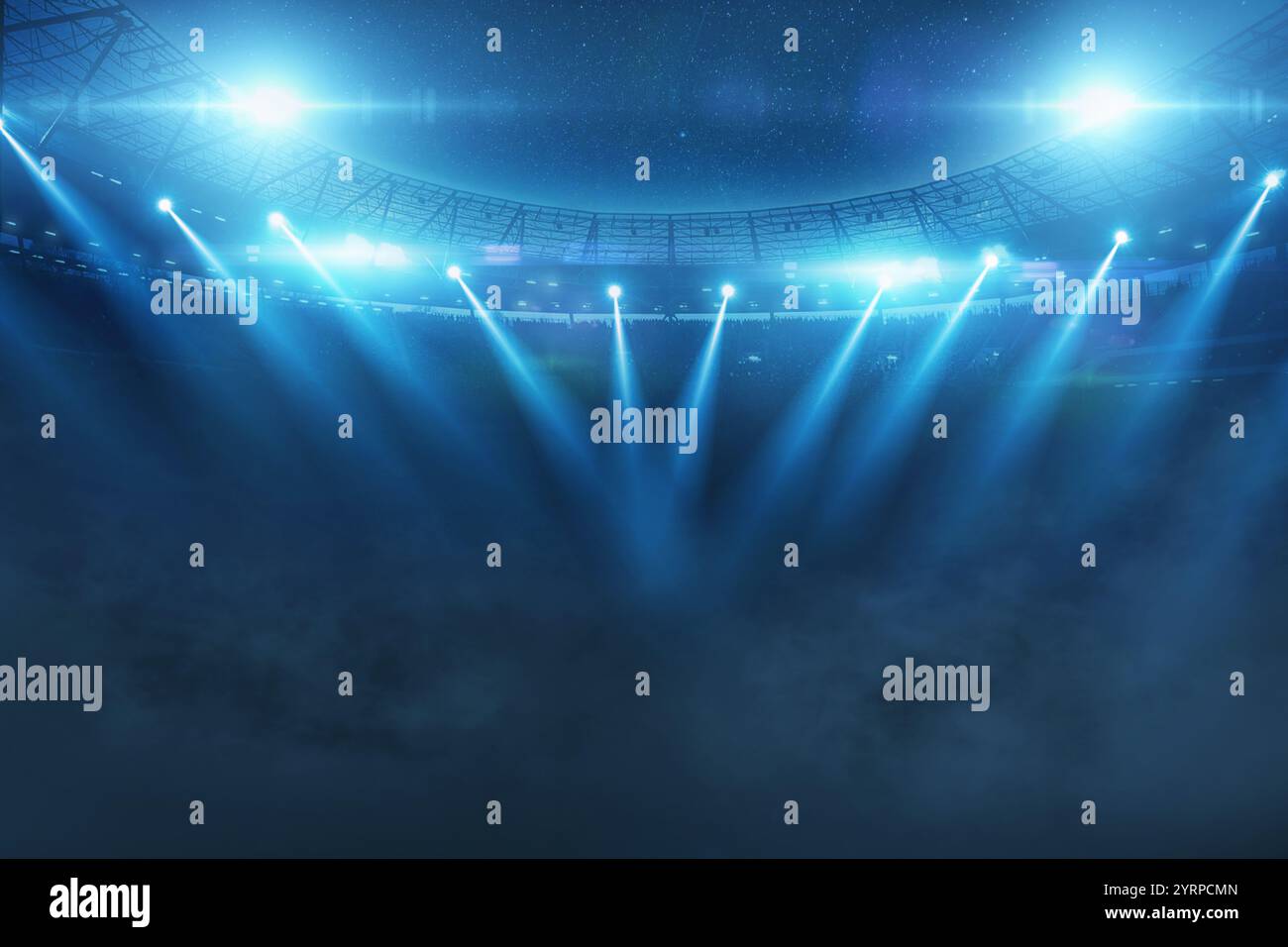 beautiful sports stadium shines with blue spotlights at night with stars. Sports tournament, world championship. Sports betting card. Free space for d Stock Photo