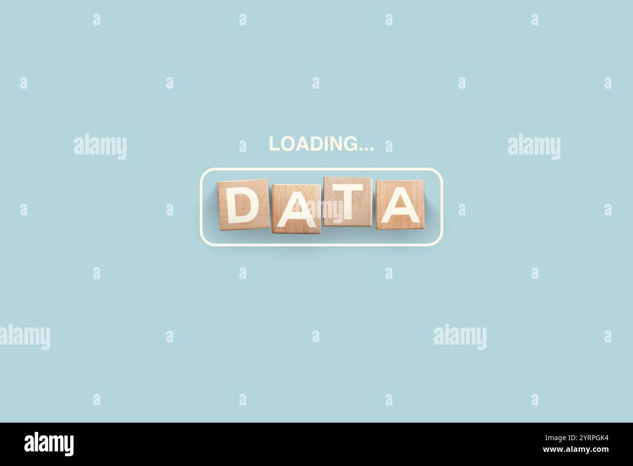 DATA word written on wooden cubes with copy space. Loading DATA on blue background, creative idea. Data, concept Stock Photo