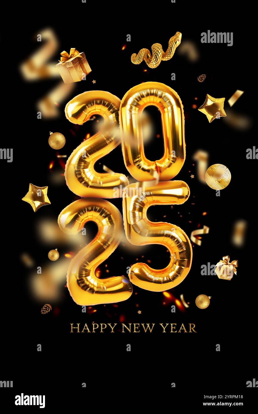 Premium golden balloons 2025 with Happy New Year with confetti, gifts ...