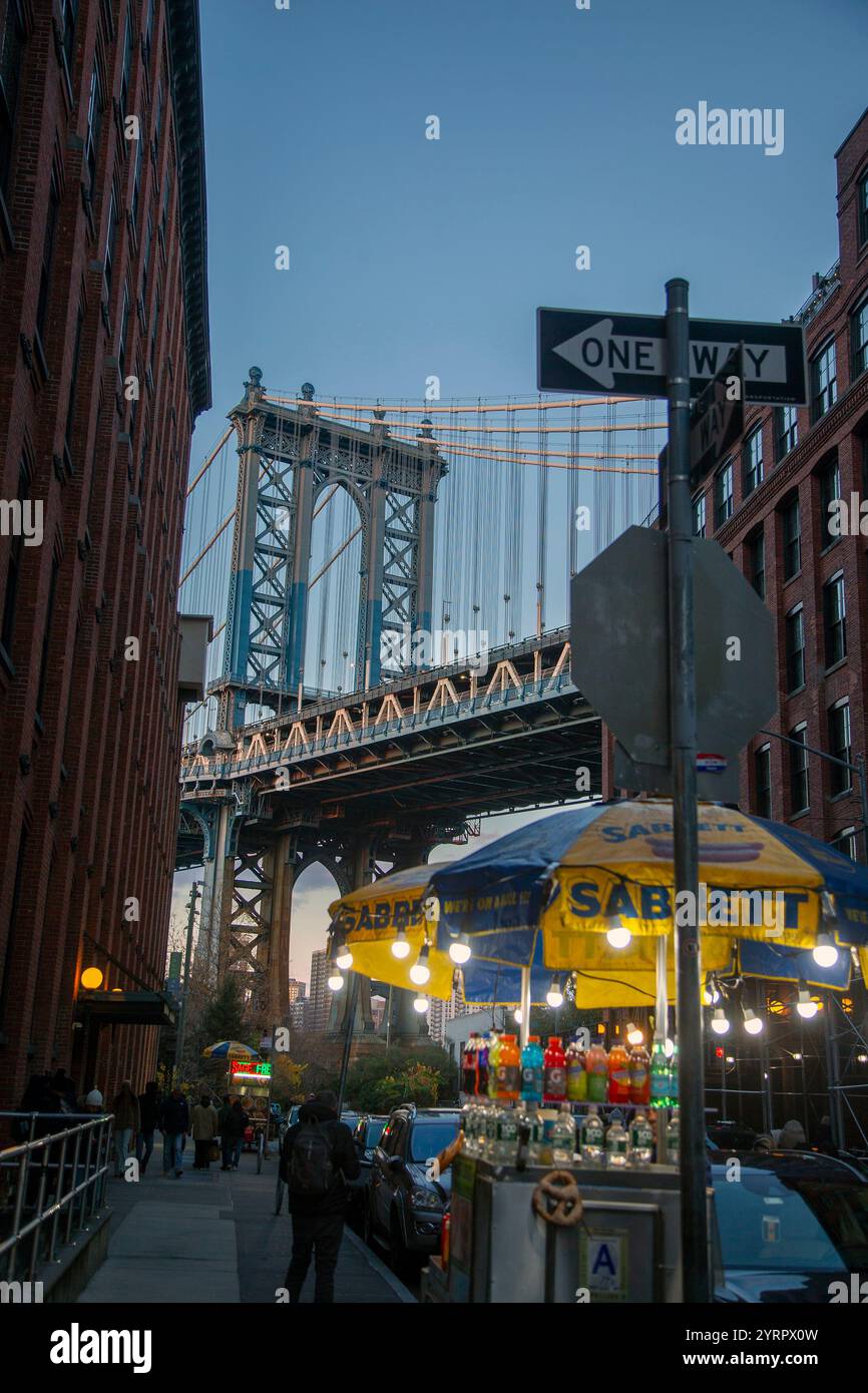 View of the Manhattan Bridge from the Dumbo area of Brooklyn Stock Photo