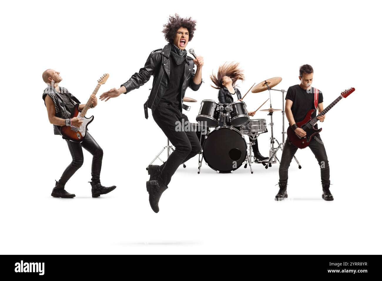 Male lead singer performing with a music band isolated on white ...