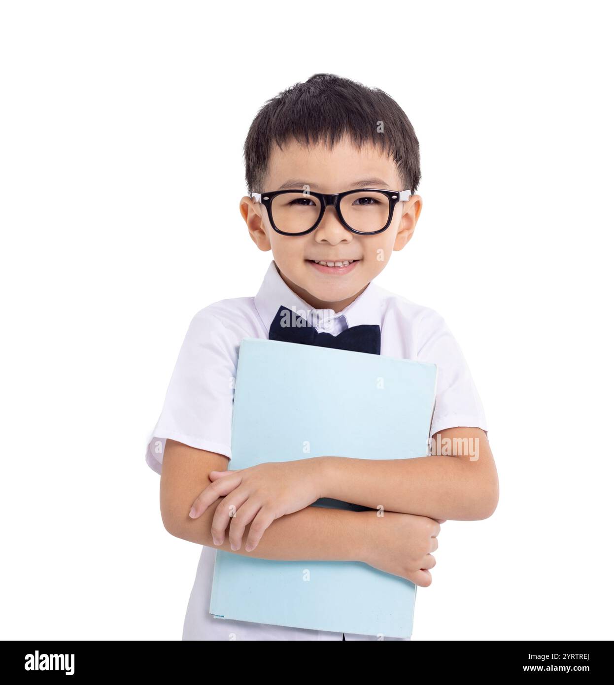 Little schoolboy with book isolated on white background Stock Photo - Alamy