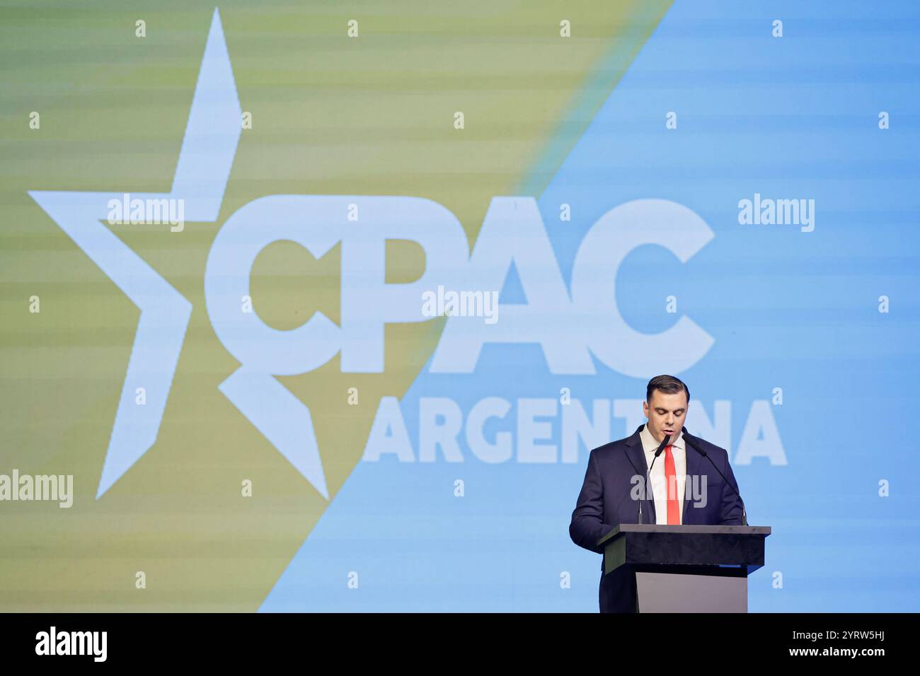 Buenos Aires, Argentina - December 4, 2024: Gordo Dan Speaks on The Conservative Political Action Conference (CPAC) made its debut in Argentina, uniting prominent conservative figures such as Lara Trump, Eduardo Bolsonaro, and President Javier Milei, who delivered the closing keynote speech. The conference highlighted shared libertarian and conservative values, emphasizing economic freedom and individual rights, as Argentina hosts the event for the first time. (Photo by UNAR AGENCY)) Stock Photo