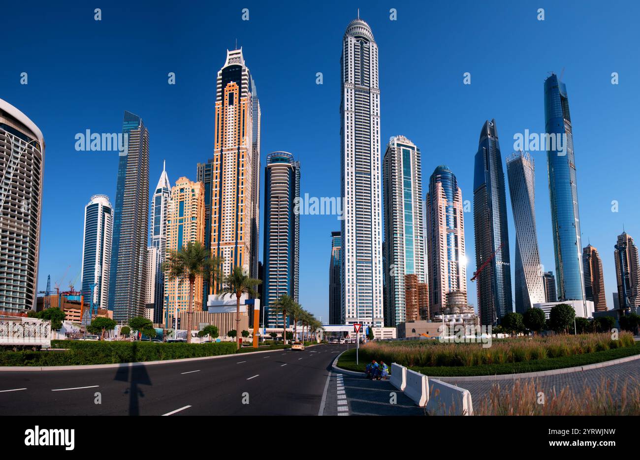 ntersection with huge modern buildings in Dubai, UAE. Stock Photo