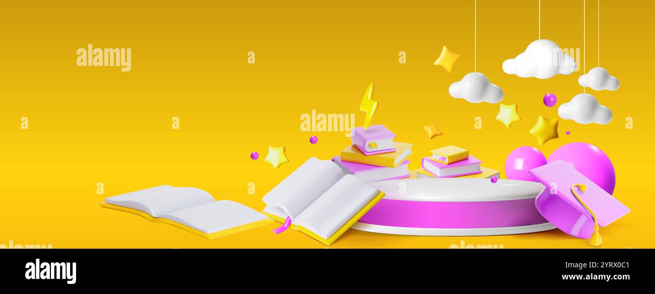 Back to school 3d scene with cylinder podium, stack of books and open literature with bookmark, lightning bolt and stars, clouds and balloons on yellow background. Educational goods display promotion. Stock Vector