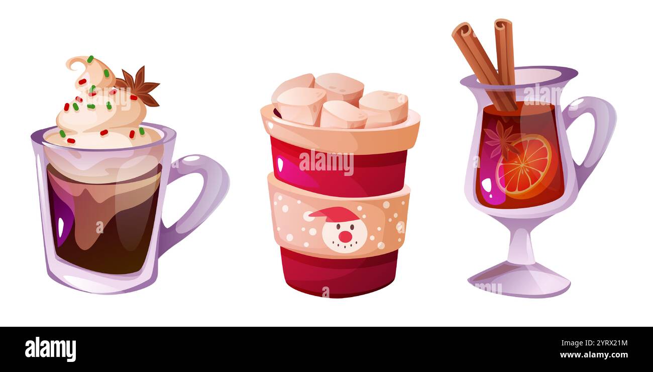 Autumn or winter seasonal hot drinks in glass and mug - hot chocolate topped with whipped cream and sprinkles, and spiced mulled wine with citrus slices and cinnamon sticks, warm coca with marshmallow Stock Vector