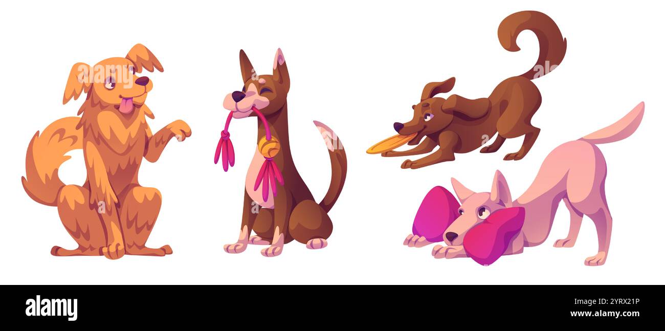Dog behavior vector set. Cute pet character play. Happy animal playful emotion expression and hold toy. Active training and posture for companion. Funny female pup friend. Sitting and stand doggy Stock Vector