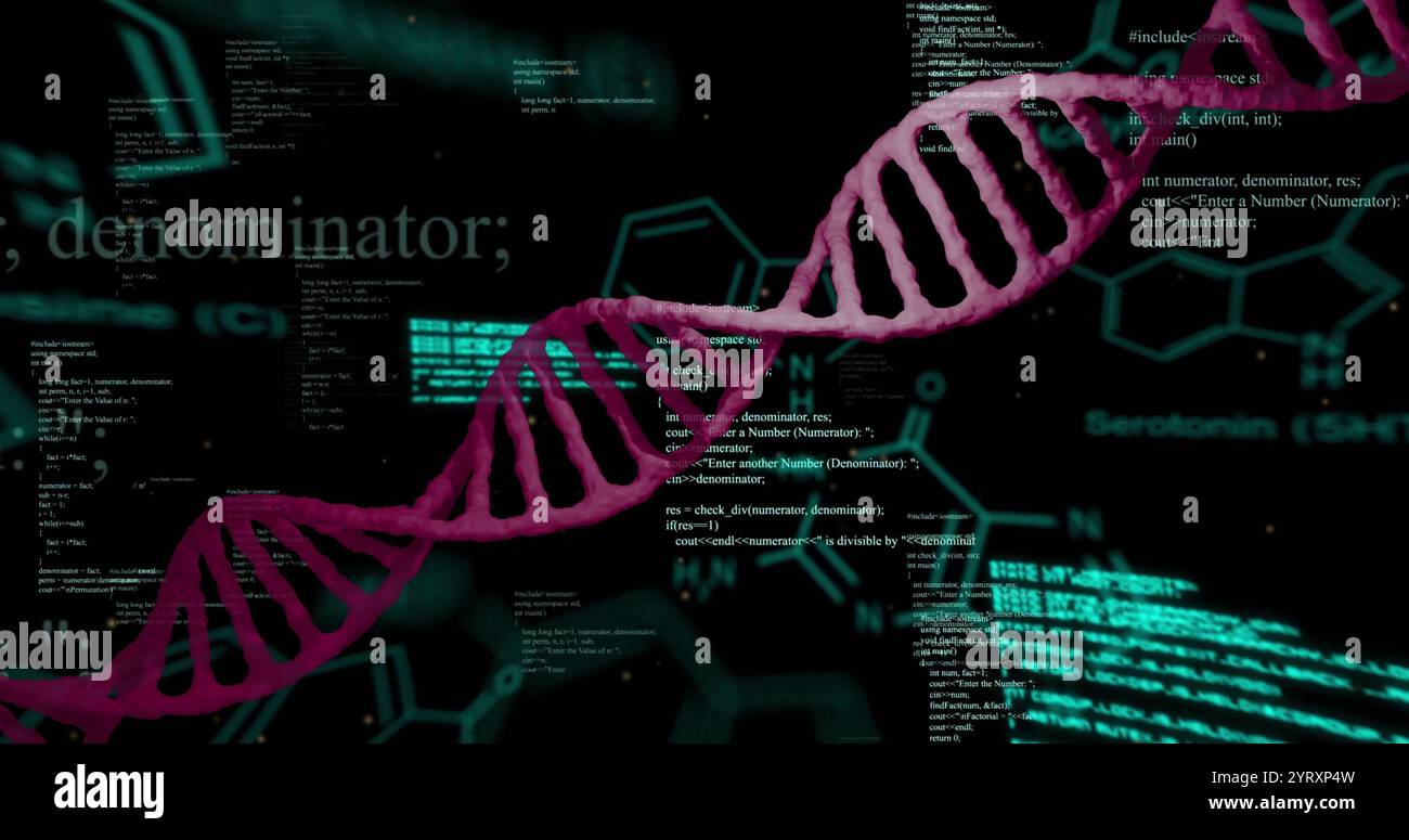 Image of dna strand and data processing over dark background Stock Photo