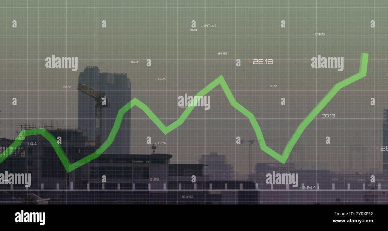 Image of graph and processing data over cityscape Stock Photo