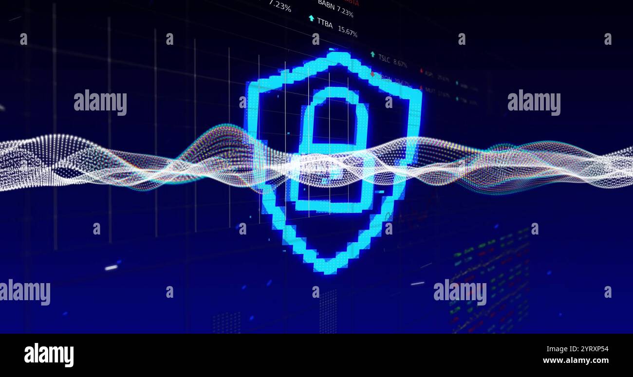 Image of padlock icon, light trails and data processing over black ...