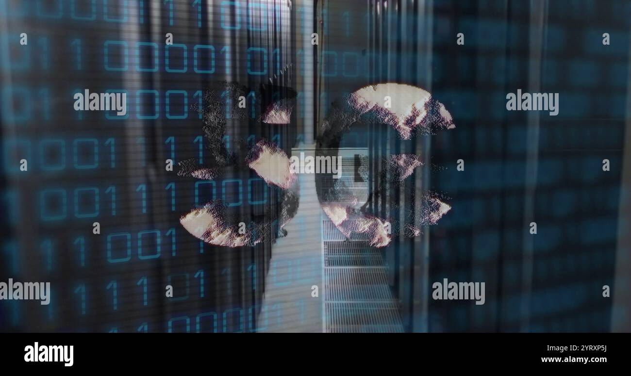 Image of 5g text, binary coding and data processing over computer servers Stock Photo