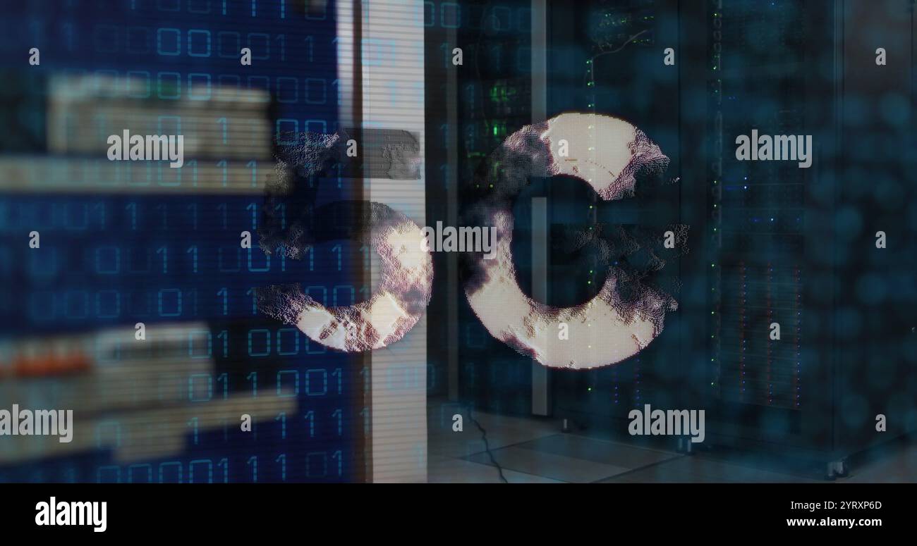 Image of 5g text, binary coding and data processing over computer servers Stock Photo