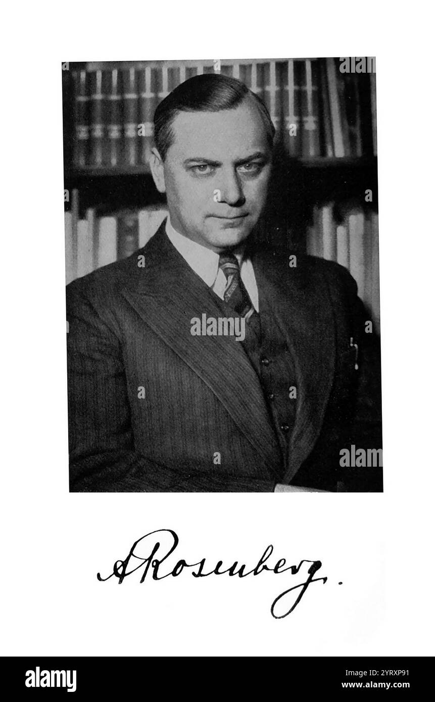 Alfred Ernst Rosenberg (1892 ?  1946) German Nazi theorist and ideologue. He was the head of the NSDAP Office of Foreign Affairs during the entire rule of Nazi Germany (1933?1945), and led Amt Rosenberg ('Rosenberg's bureau'), an official Nazi body for cultural policy and surveillance, between 1934 and 1945. He was sentenced to death by hanging and executed on 16 October 1946. Stock Photo