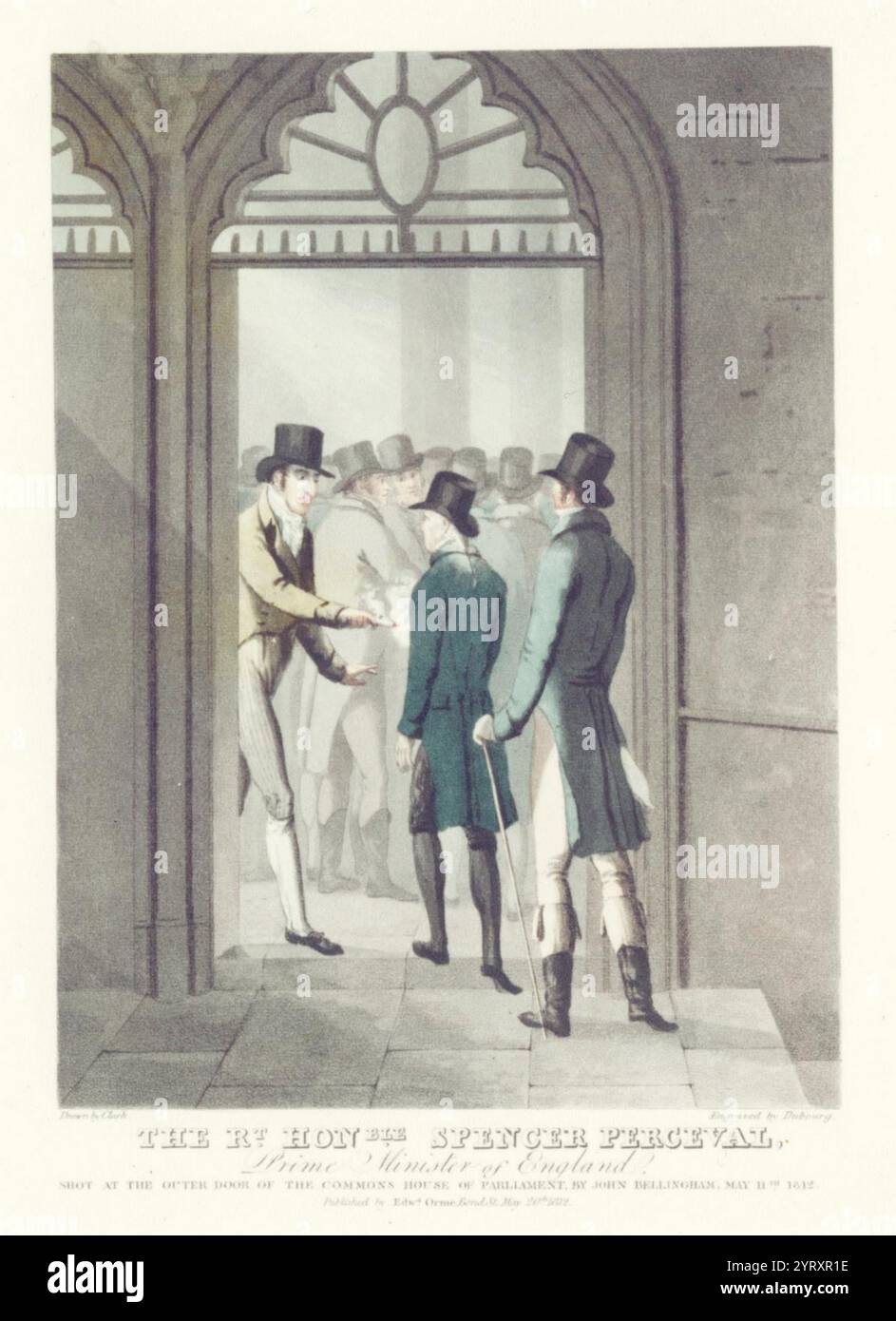 On 11 May 1812, at about 5:15 pm, Spencer Perceval, the prime minister of the United Kingdom of Great Britain and Ireland, was shot dead in the lobby of the House of Commons by John Bellingham, a Liverpool merchant with a grievance against the government. Stock Photo