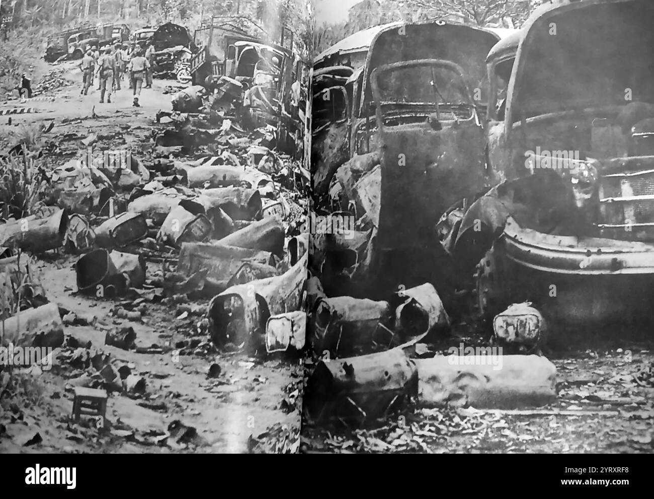 Federal army convoy destroyed by Biafran shelling during the  Nigerian Civil War (1967 ? 15 January 1970), known as the Biafran War, was fought between Nigeria and the Republic of Biafra, a secessionist state which had declared its independence from Nigeria in 1967. Nigeria was led by General Yakubu Gowon, and Biafra by Lieutenant Colonel Chukwuemeka 'Emeka' Odumegwu Ojukwu. The conflict resulted from political, ethnic, cultural and religious tensions which preceded the United Kingdom's formal decolonisation of Nigeria from 1960 to 1963. Immediate causes of the war in 1966 included a military Stock Photo