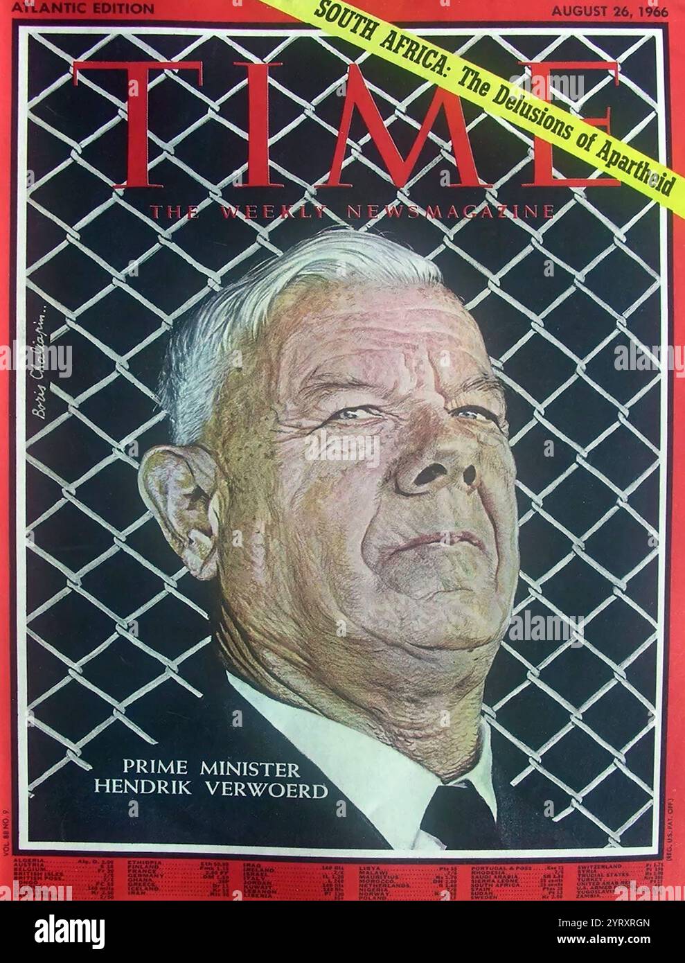 Time Magazine coverage of Hendrik Frensch Verwoerd (1901 ?  1966), South African politician who was Prime Minister of South Africa. He is commonly regarded as the architect of apartheid. prime minister (1958?1966). Furthermore, Verwoerd played a vital role in helping the far right National Party come to power in 1948, serving as their political strategist and propagandist, becoming party leader upon his premiership. He was the Union of South Africa's last prime minister, from 1958 to 1961, when he proclaimed the founding of the Republic of South Africa, remaining its prime minister until his a Stock Photo