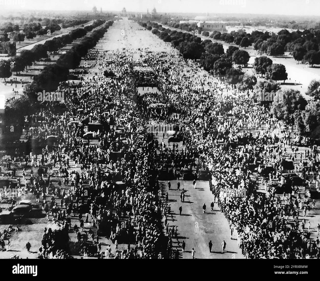 Funeral of Mahatma Gandhi who was assassinated on 30 January 1948 at age 78 in the compound of The Birla House (now Gandhi Smriti), a large mansion in central New Delhi. His assassin was Nathuram Godse, from Pune, Maharashtra, a Hindutva activist Stock Photo