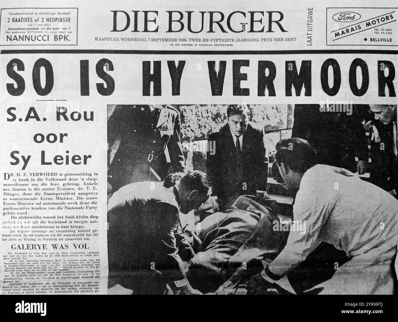 Newspaper front page showing the report of the Assassination of Hendrik Verwoerd (1901 � 6 September 1966),  Prime Minister of South Africa. He is commonly regarded as the architect of apartheid. Verwoerd played a significant role in socially engineering apartheid, the country's system of institutionalized racial segregation and white supremacy, as Minister of Native Affairs (1950�1958) and then as prime minister (1958�1966),  until his assassination in 1966. Stock Photo