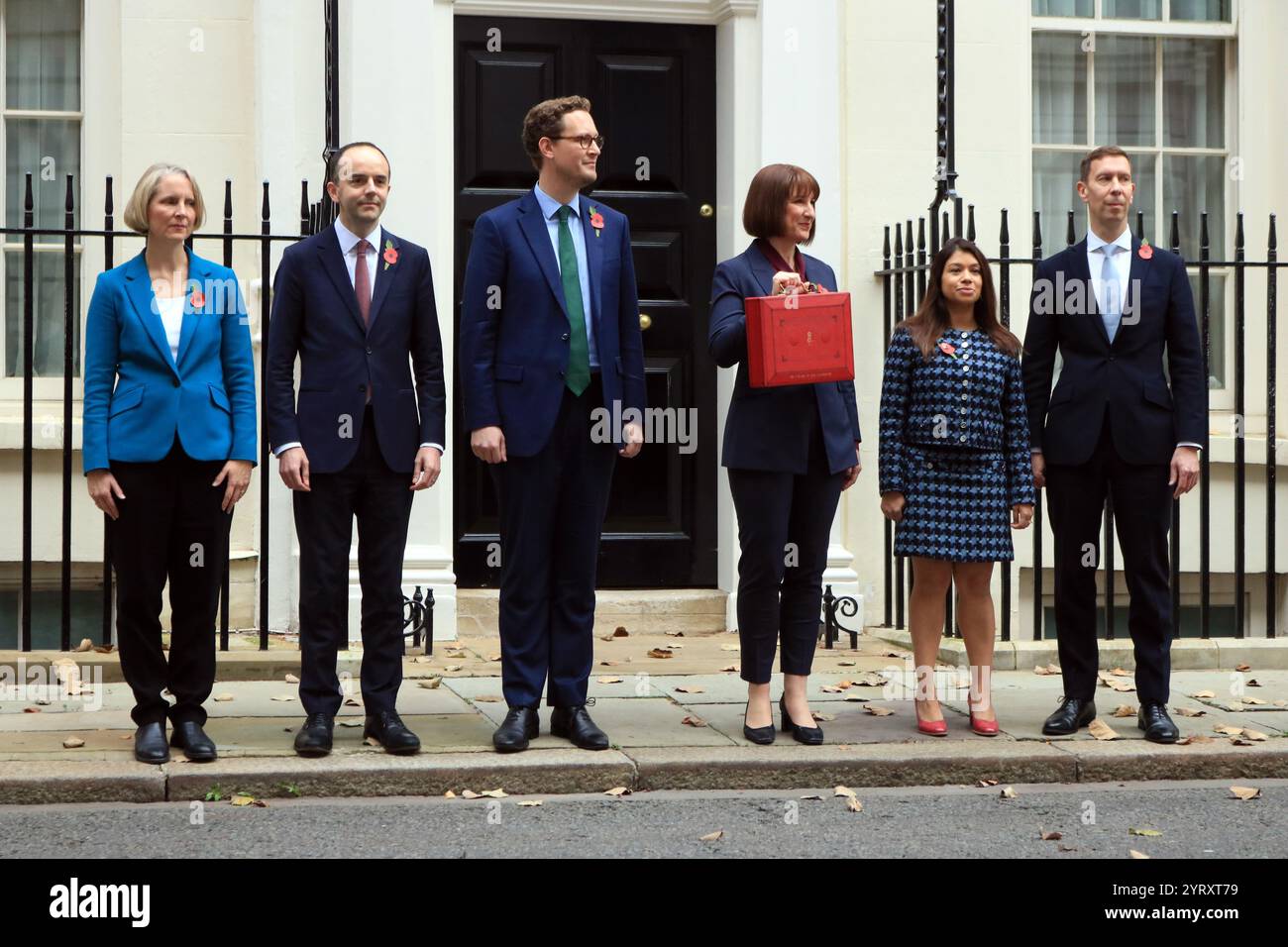 British treasury ministers leave 11 Downing Street to present the Budget to Parliament. 30th October 2024. Left to right: Emma Reynolds, Parliamentary Secretary to the Treasury; James Murray, Exchequer Secretary to the Treasury; Darren Jones, Chief Secretary to the Treasury; Rachel Reeves, Chancellor of the Exchequer; Tulip Siddiq, Economic Secretary to the Treasury and Lord Livermore, Financial Secretary to the Treasury. Stock Photo