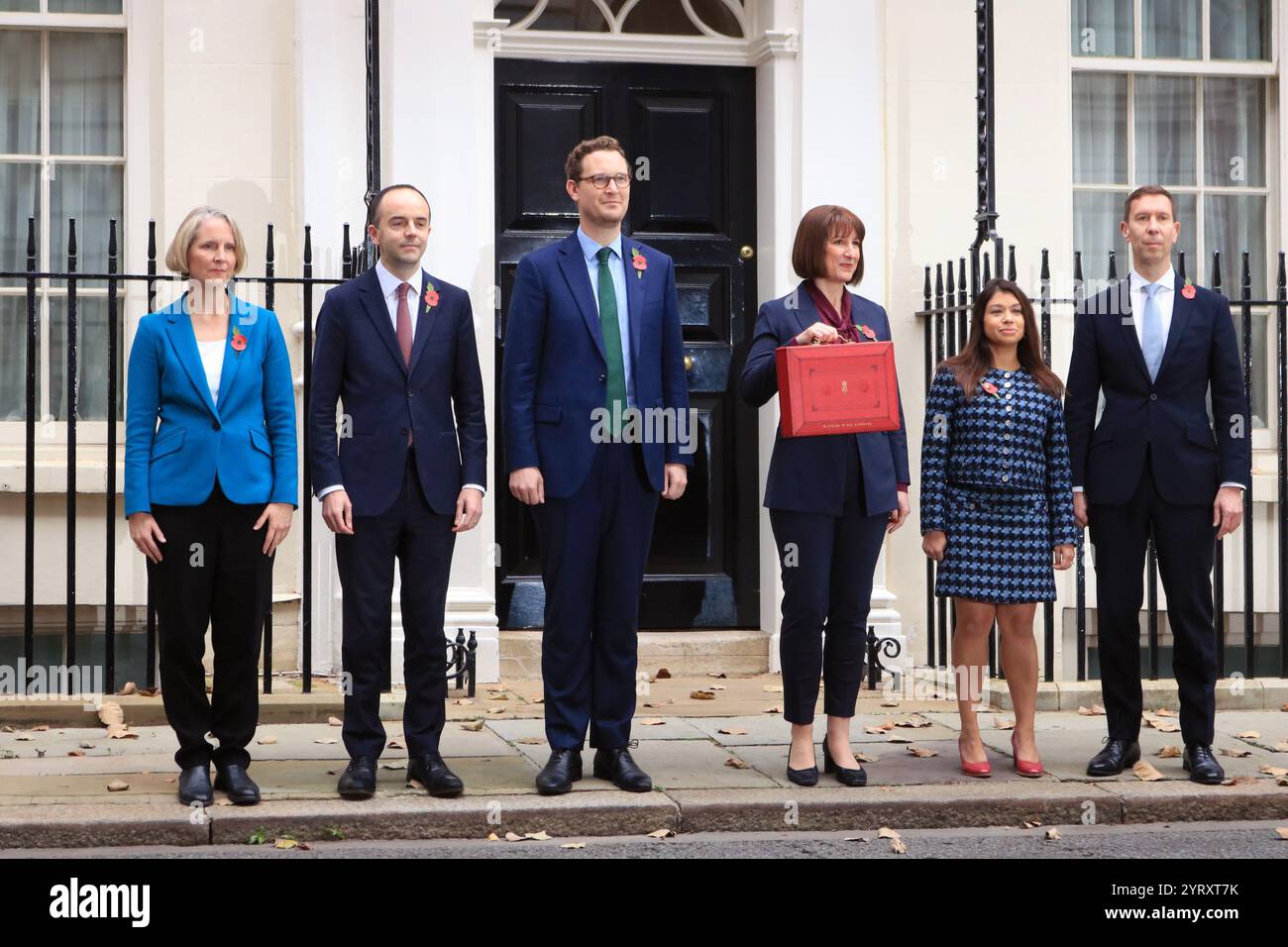 British treasury ministers leave 11 Downing Street to present the Budget to Parliament. 30th October 2024. Left to right: Emma Reynolds, Parliamentary Secretary to the Treasury; James Murray, Exchequer Secretary to the Treasury; Darren Jones, Chief Secretary to the Treasury; Rachel Reeves, Chancellor of the Exchequer; Tulip Siddiq, Economic Secretary to the Treasury and Lord Livermore, Financial Secretary to the Treasury. Stock Photo