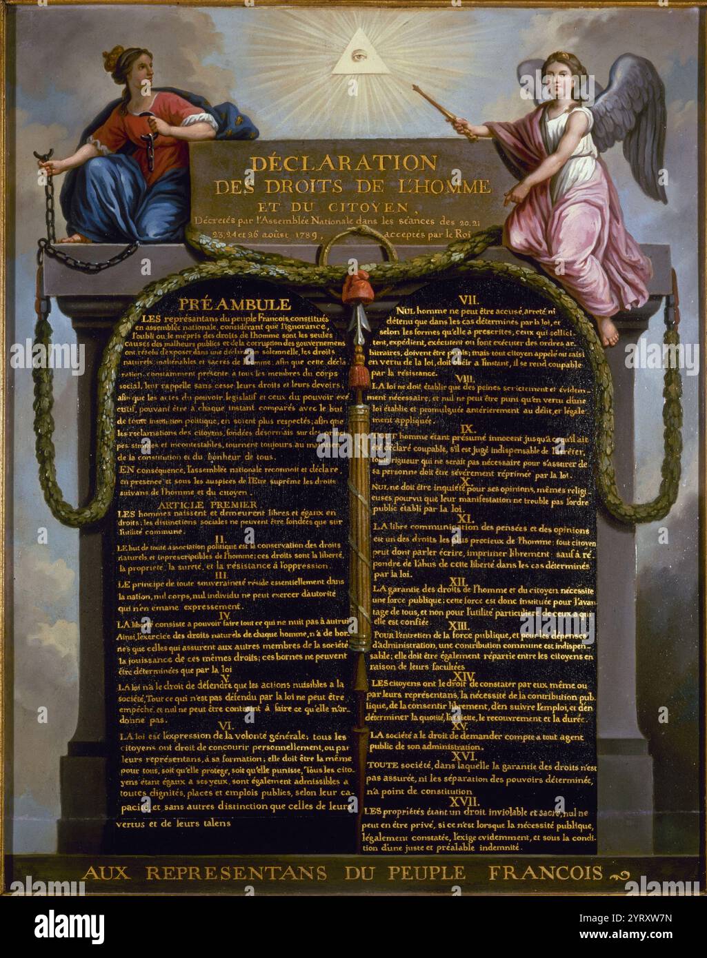 Representation of the Declaration of the Rights of Man and of the Citizen in 1789  (D?claration des droits de l'homme et du citoyen) by Jean-Jacques-Fran?ois Le Barbier. The Declaration of the Rights of Man and of the Citizen was the key statement of the values of the French Revolution. It had a significant impact on the development of popular concepts of individual liberty and democracy worldwide. The Declaration was initially drafted by Marquis de Lafayette, and Thomas Jefferson, but the majority of the final draft came from Abb? Siey?s.. Stock Photo