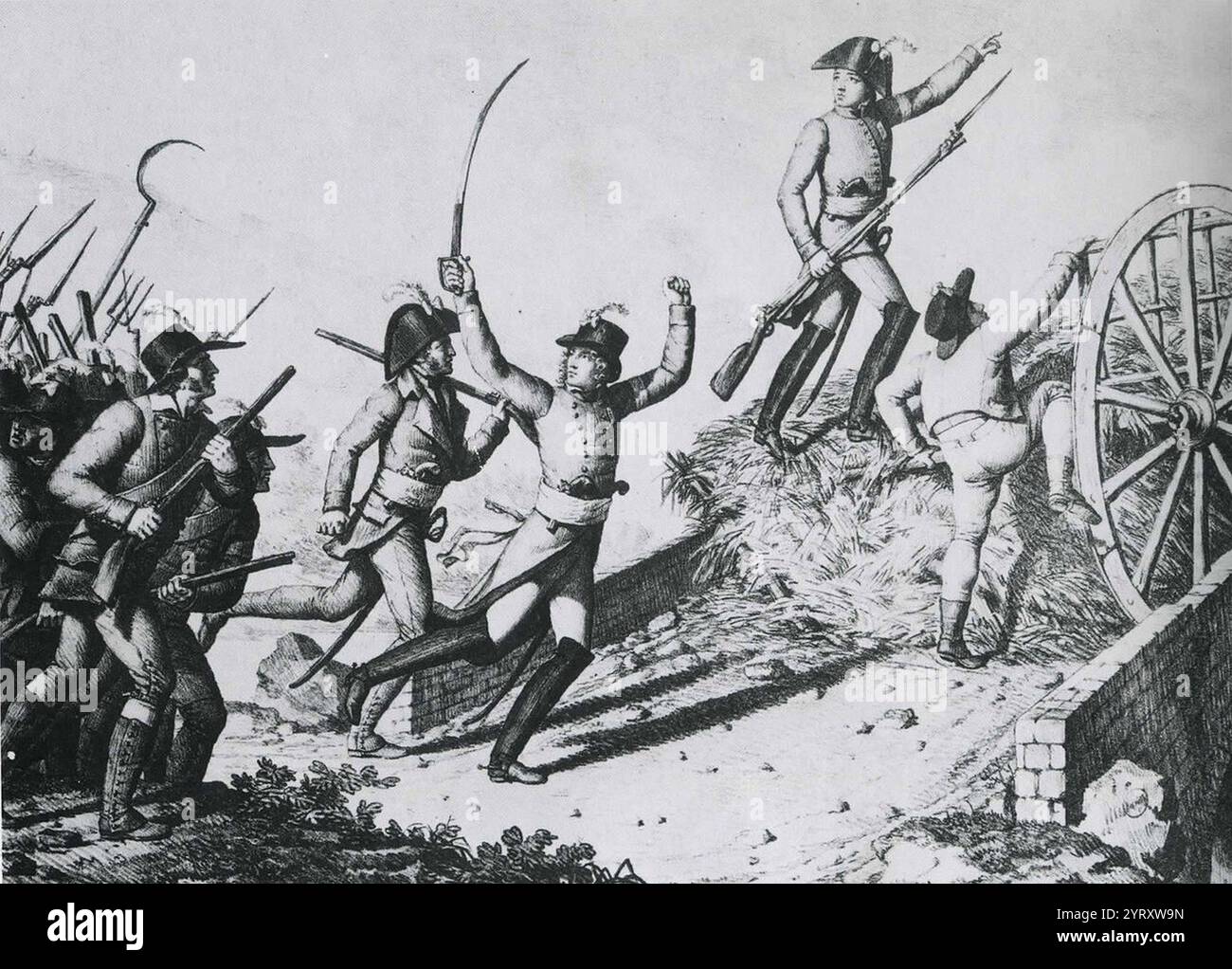 La Rochejacquelein and Lescure at the head of the Vendeans at the Battle of Thouars, 5 May 1793. The War in the Vend?e was a counter-revolution from 1793 to 1796 in the Vend?e region of France during the French Revolution. The revolt was headed by the newly formed Catholic and Royal Army. Stock Photo