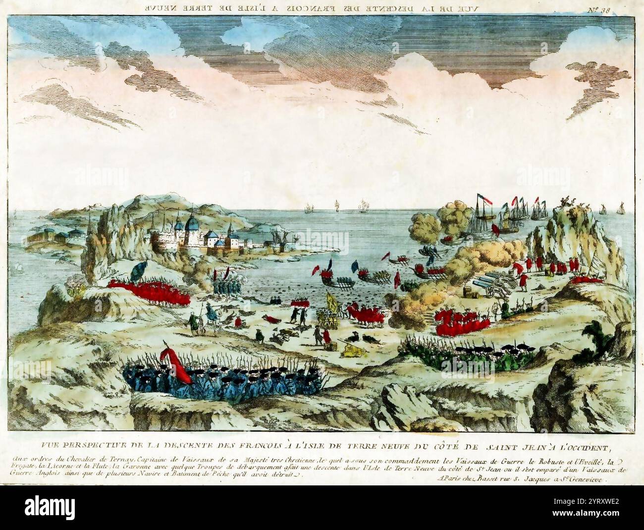 View of the French attack on Newfoundland near St. John's during the Battle of Signal Hill on September 15, 1762, the last battle of the North American theatre of the Seven Years' War. A British force under Lieutenant Colonel William Amherst recaptured St. John's, which the French had seized earlier that year in a surprise attack. Stock Photo