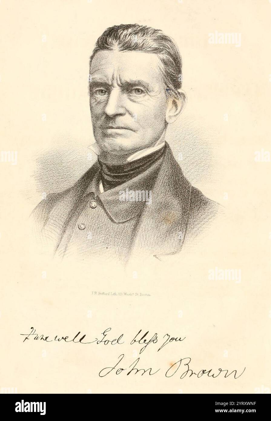lithographic portrait of Capt. John Brown, from a photograph by Whipple. John Brown's raid on Harpers Ferry was an effort by abolitionist John Brown, from October 16 to 18, 1859, to initiate a slave revolt in Southern states by taking over the United States arsenal at Harpers Ferry, Virginia (since 1863, West Virginia). It has been called the dress rehearsal for, or tragic prelude to, the American Civil War. Stock Photo