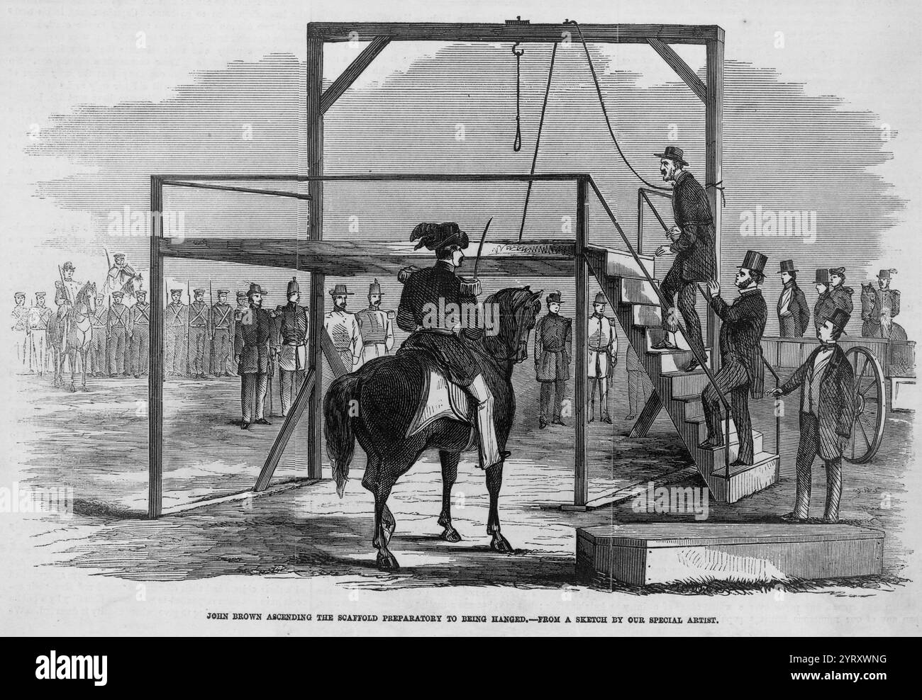 John Brown ascending the scaffold preparatory to being hanged. John Brown's raid on Harpers Ferry was an effort by abolitionist John Brown, from October 16 to 18, 1859, to initiate a slave revolt in Southern states by taking over the United States arsenal at Harpers Ferry, Virginia (since 1863, West Virginia). It has been called the dress rehearsal for, or tragic prelude to, the American Civil War. Stock Photo
