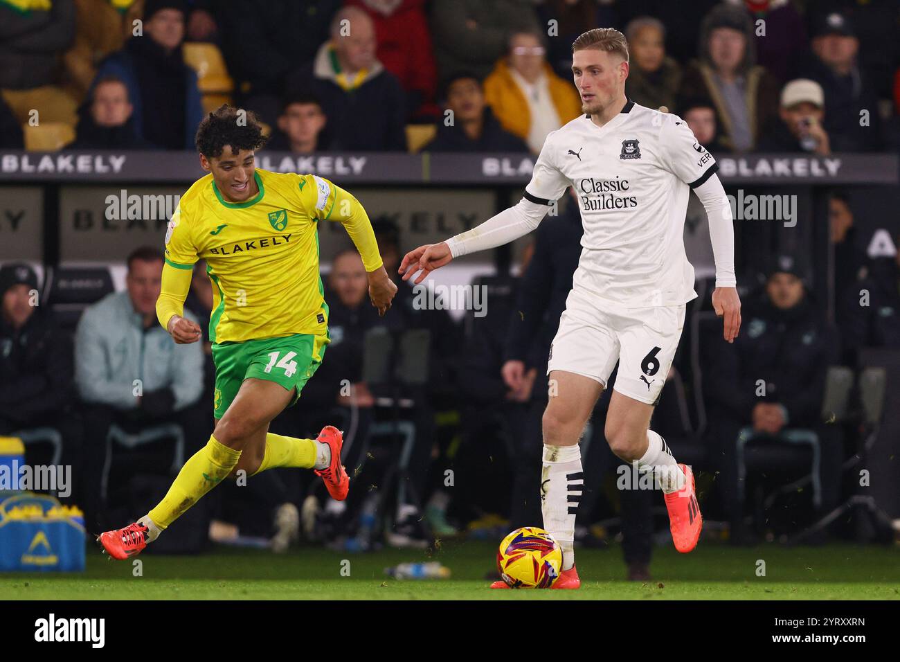 Kornel Szucs of Plymouth Argyle and Ben Chrisene of Norwich City - Norwich City v Plymouth Argyle, Sky Bet Championship, Carrow Road, Norwich, UK - 26th November 2024 Editorial Use Only - DataCo restrictions apply Stock Photo