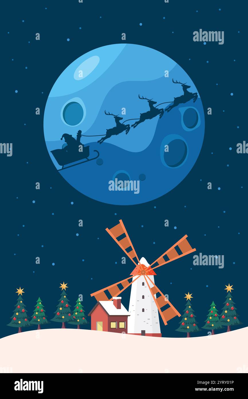 Silhouette of Santa Claus and his reindeer sleigh against the moon over ...