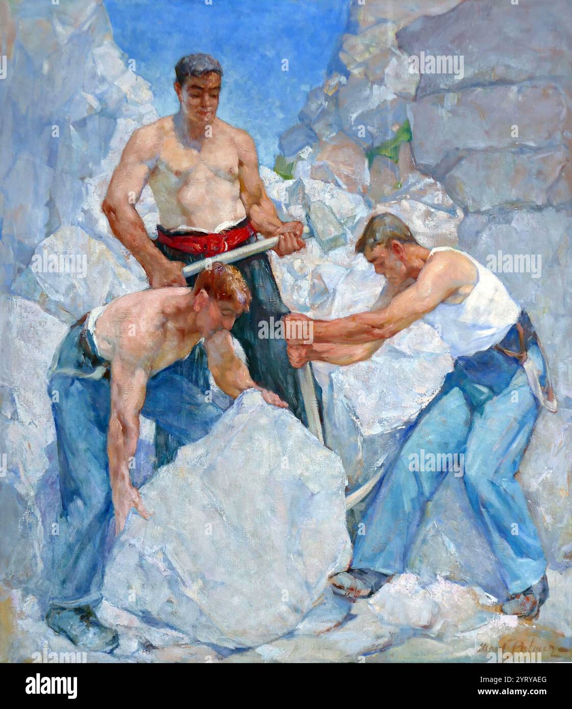 Dorset Quarrymen, Three Workers c. 1942 oil on canvas by Alfred Palmer (1877-1951). Alfred Palmer was a pupil of John Singer Sargent. During WWI he worked for British Intelligence and was sent to sketch German prisoners of war at their camp in Yatesbury, Wiltshire. It was during this period that Palmer painted a series of portraits of these Dorset quarrymen who were brothers. Stock Photo