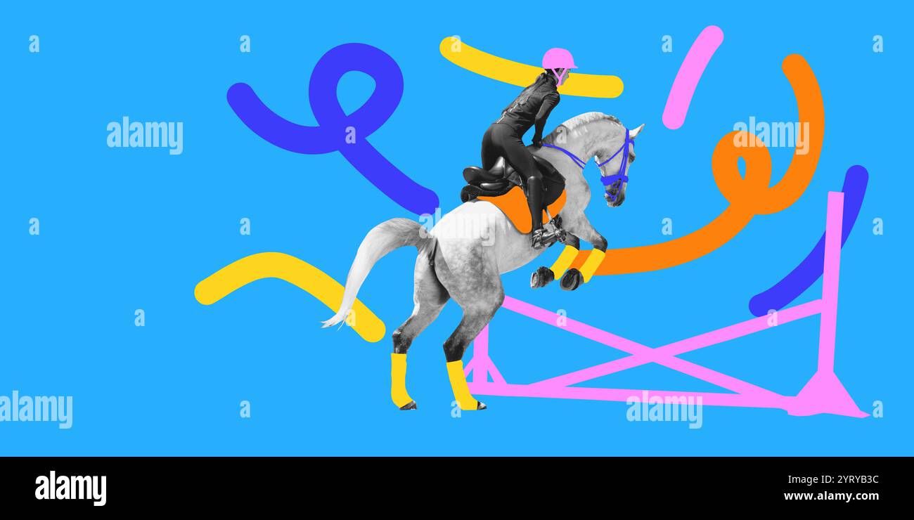 Female rider on white horse preparing to jump over pink and orange ...