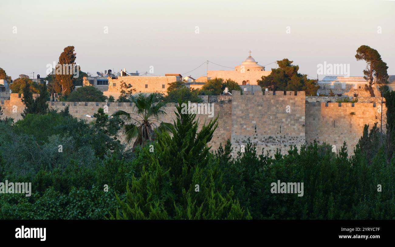 The Walls of Jerusalem surround the Old City of Jerusalem. In 1535, when Jerusalem was part of the Ottoman Empire, Sultan Suleiman I ordered the ruined city walls to be rebuilt. The work took some four years, between 1537 and 1541. The length of the walls is 4,018 meters (2.4966 miles). In 1981, the Jerusalem walls were added, to the UNESCO World Heritage Site List Stock Photo