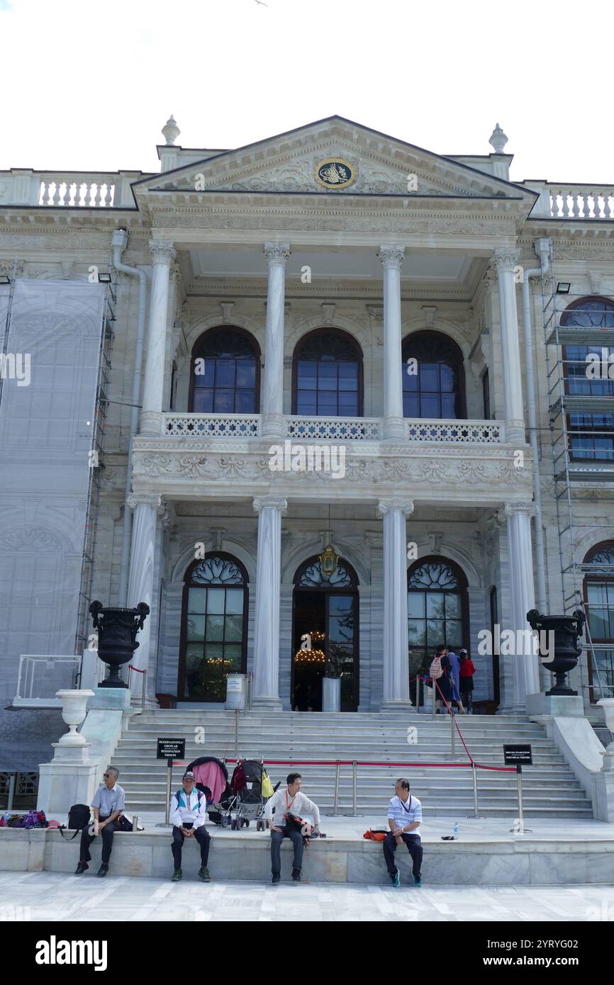 Dolmabahce Palace, Istanbul, Turkey, on the European coast of the Bosphorus, served as the main administrative center of the Ottoman Empire from 1856 - 1887 and 1909 - 1922. Dolmabahce Palace was ordered by the Empire's 31st Sultan, Abdulmecid I, and built between the years 1843 and 1856. The design contains eclectic elements from the Baroque, Rococo and Neoclassical styles, blended with traditional Ottoman architectureDecor and equipment Stock Photo