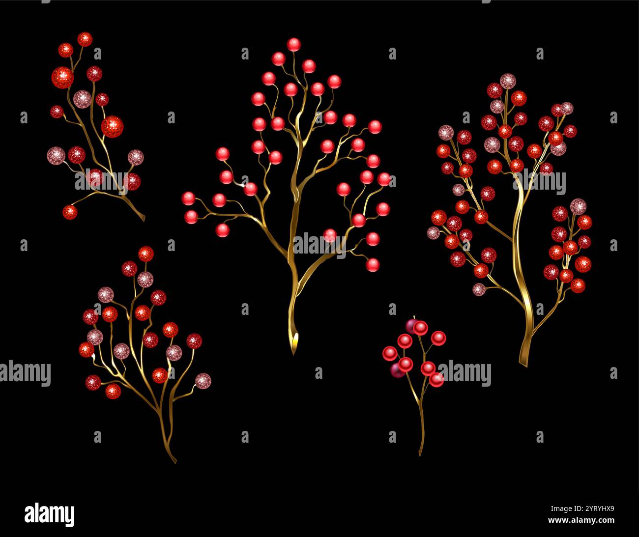 Set of red, jewelry, shiny twigs of Winterberry Holly on black background. Jewelry red Winterberry Holly.Winter Natural Decoration. Stock Vector