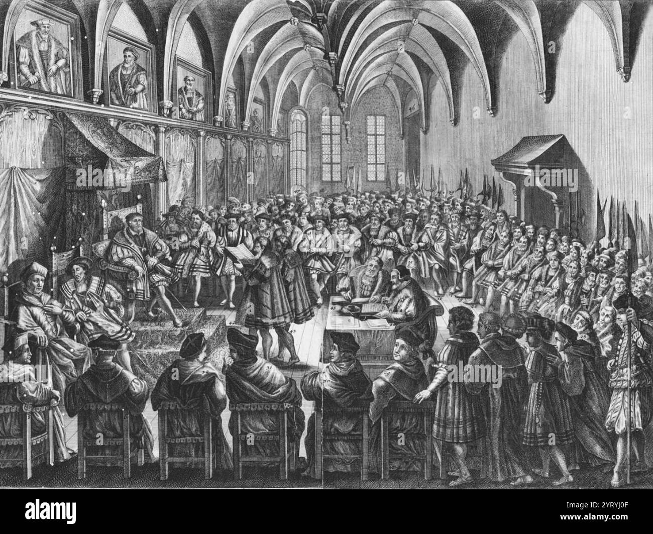 The Augsburg Confession presented before Emperor Charles V. The Colloquy or Diet of Regensburg (1541), was a conference held at Regensburg in Bavaria in 1541, during the Protestant Reformation. The subject for debate was to be the Augsburg Confession, the primary doctrinal statement of the Protestant movement, and the Apology of the Augsburg Confession, a defence of the Confession written by Philipp Melanchthon. Stock Photo