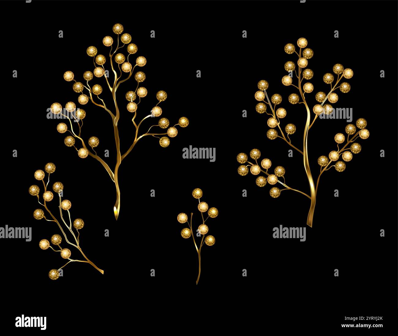 Set of gold, jewelry, shiny twigs of Winterberry Holly on black background. Golden Winterberry Holly.Winter Natural Decoration. Stock Vector