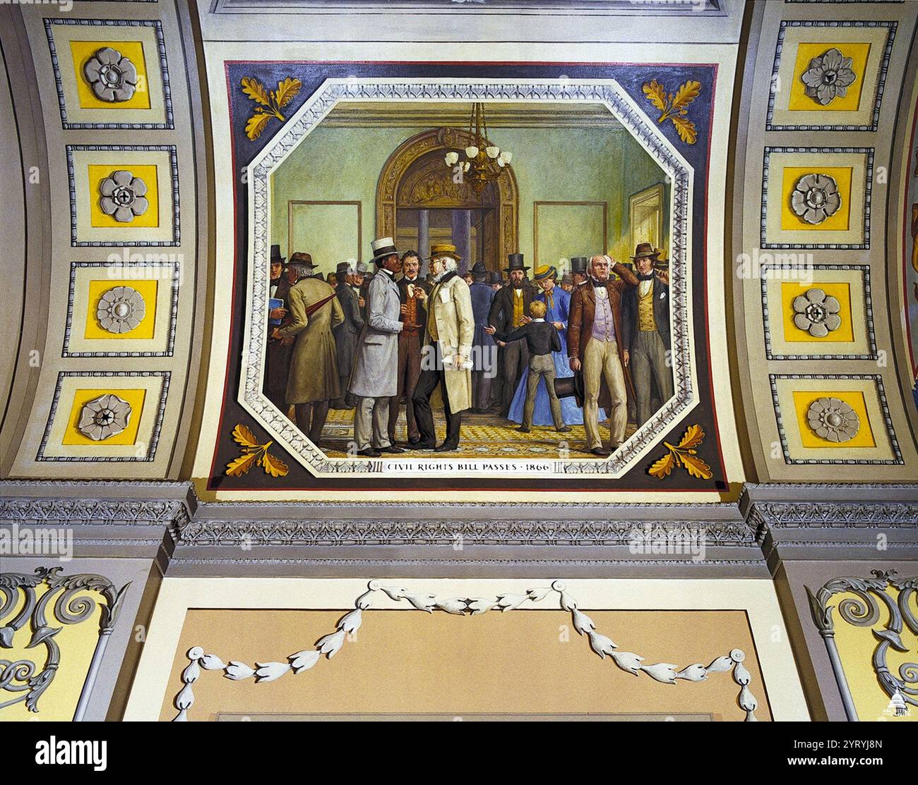 The 1866 civil rights bill, which prohibited discrimination on the bases of race or previous condition of slavery, prefigured the 14th amendment to the Constitution. In the foreground of the mural, former slave Henry Garnet is shown speaking with newspaper editor Horace Greeley, who supported African American suffrage. By Allyn Cox Oil on Canvas 1973-1974 Stock Photo