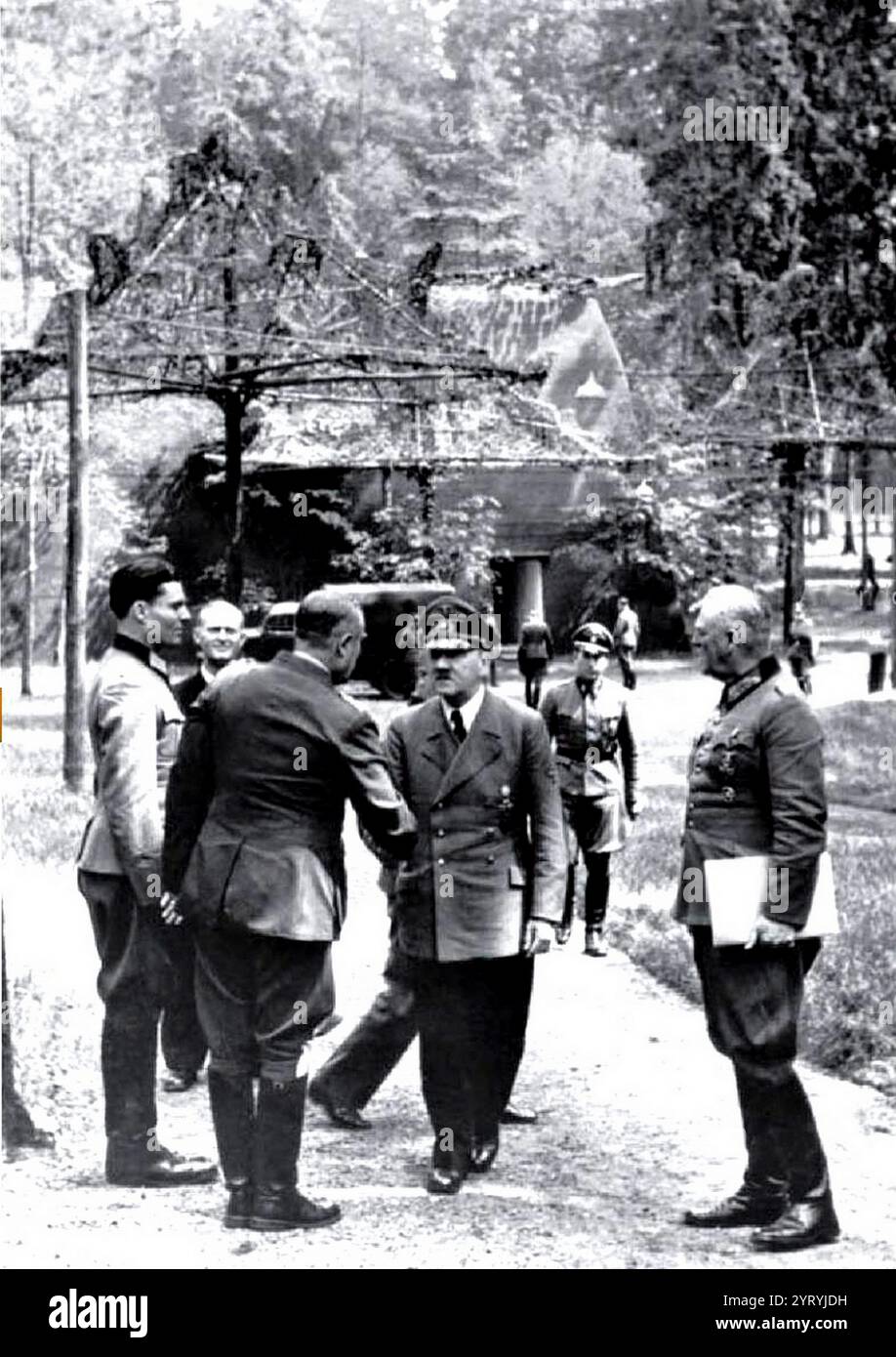 Claus Schenk, Graf von Stauffenberg, Karl-Jesko von Puttkamer, Adolf Hitler, and Wilhelm Keitel at the Wolf?s Lair in July 1944 before the attempt to assassinate the Fuhrer. Stock Photo