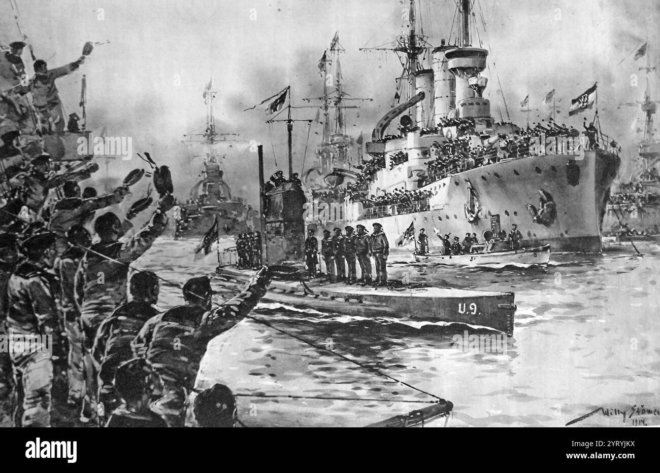 WWI German Activities. German submarine, U-9, on return Wilhelmshaven, Germany. Artwork by Willy Stower, 1914. Stock Photo