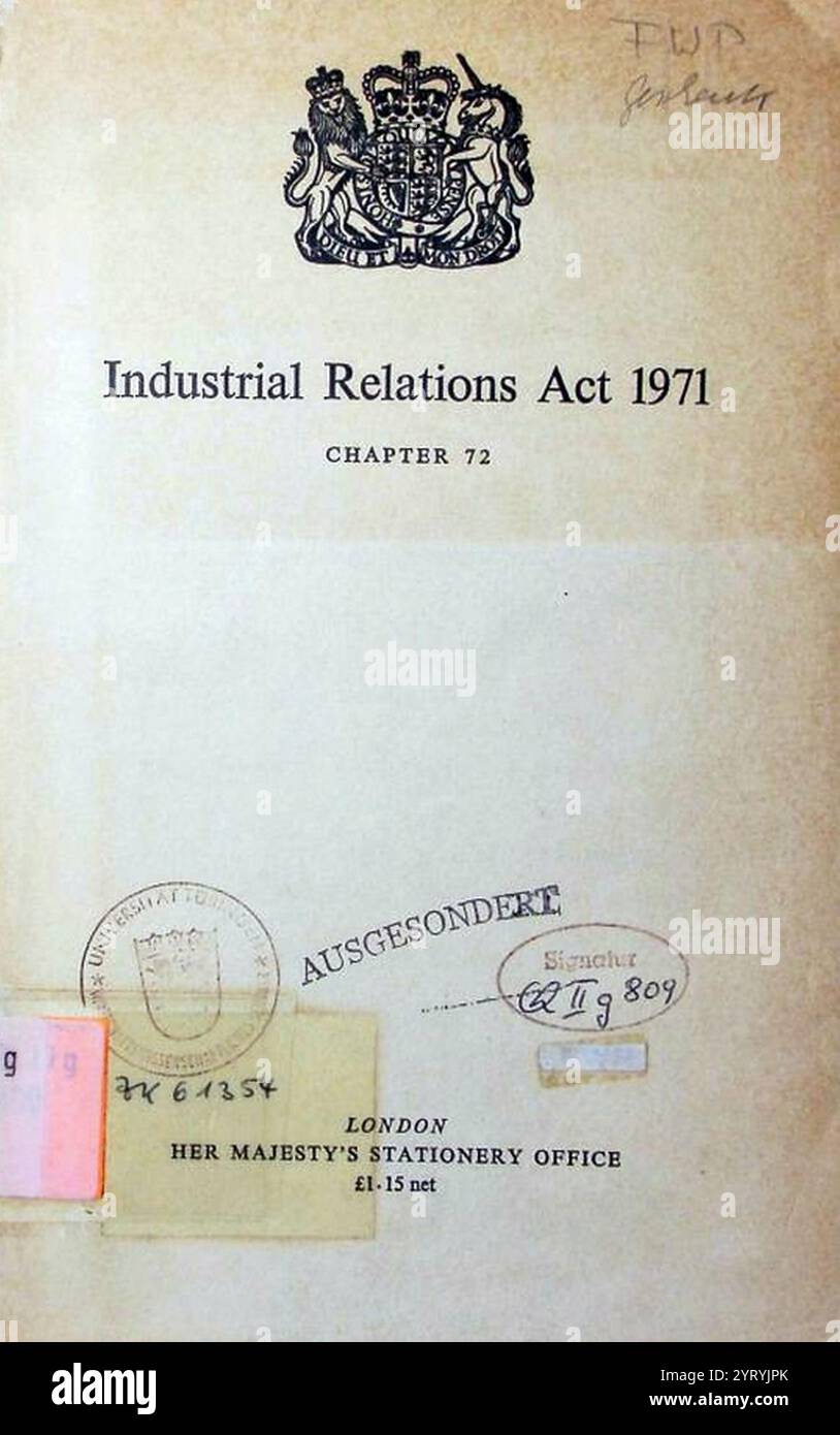 Industrial Relations Act, 1971: Trade Unionist's Guide. The Industrial Relations Act 1971 was an act of the Parliament of the United Kingdom, since repealed. It was based on proposals outlined in the governing Conservative Party's manifesto for the 1970 general election. The goal was to stabilize industrial relations by forcing concentration of bargaining power and responsibility in the formal union leadership, using the courts. The act was intensely opposed by unions, and helped undermine the government of Edward Heath. It was repealed by the Trade Union and Labour Relations Act Stock Photo