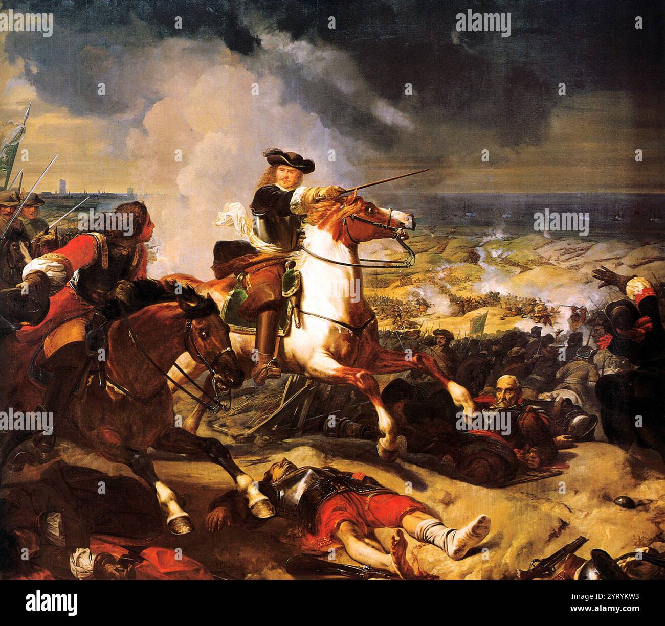 Battle of the Dunes at the siege of Dunkirk, June 14, 1658 by Charles-Philippe Larivi?re (1798?1876). Battle of the Dunes (June 14th, 1658). In the foreground is the victorious French commander Turenne on a horse. The Battle of the Dunes known as the Battle of Dunkirk, took place on 14 June 1658, near the strategic port of Dunkirk in what was then the Spanish Netherlands. Part of the Franco-Spanish War and concurrent Anglo-Spanish War, a French army under Turenne, supported by troops from the Commonwealth of England, had besieged Dunkirk. A Spanish force supported by English Royalists and Fren Stock Photo