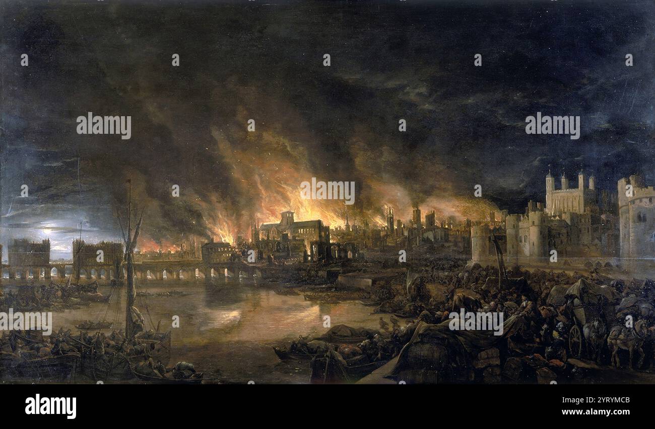 The Great Fire of London, painting by Josepha Jane Battlehooke. 1675. great fire of London as seen from a boat near Old London Bridge, Old St Paul's, St Magnus the Martyr, St Lawrence Pountney, St Mary-le-Bow and other churches are shown Stock Photo