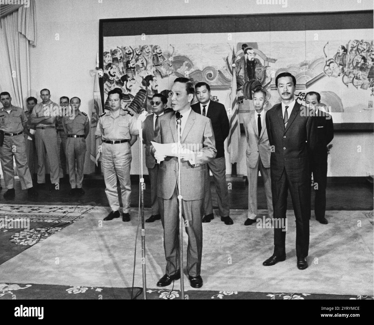 Vietnam President Nguyen Van Thieu during a press conference on the eve of the national election, 2 September 1967. Prime Minister Nguyen CAO KY is to right Stock Photo