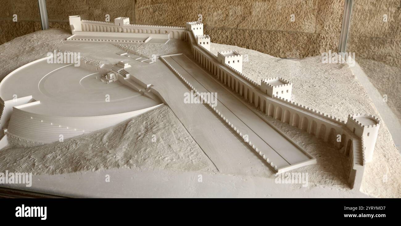 reconstruction of the Pnyx a hill in central Athens, the capital of Greece. Beginning as early as 507 BC (Fifth-century Athens), the Athenians gathered on the Pnyx to host their popular assemblies, thus making the hill one of the earliest and most important sites in the creation of democracy. Stock Photo