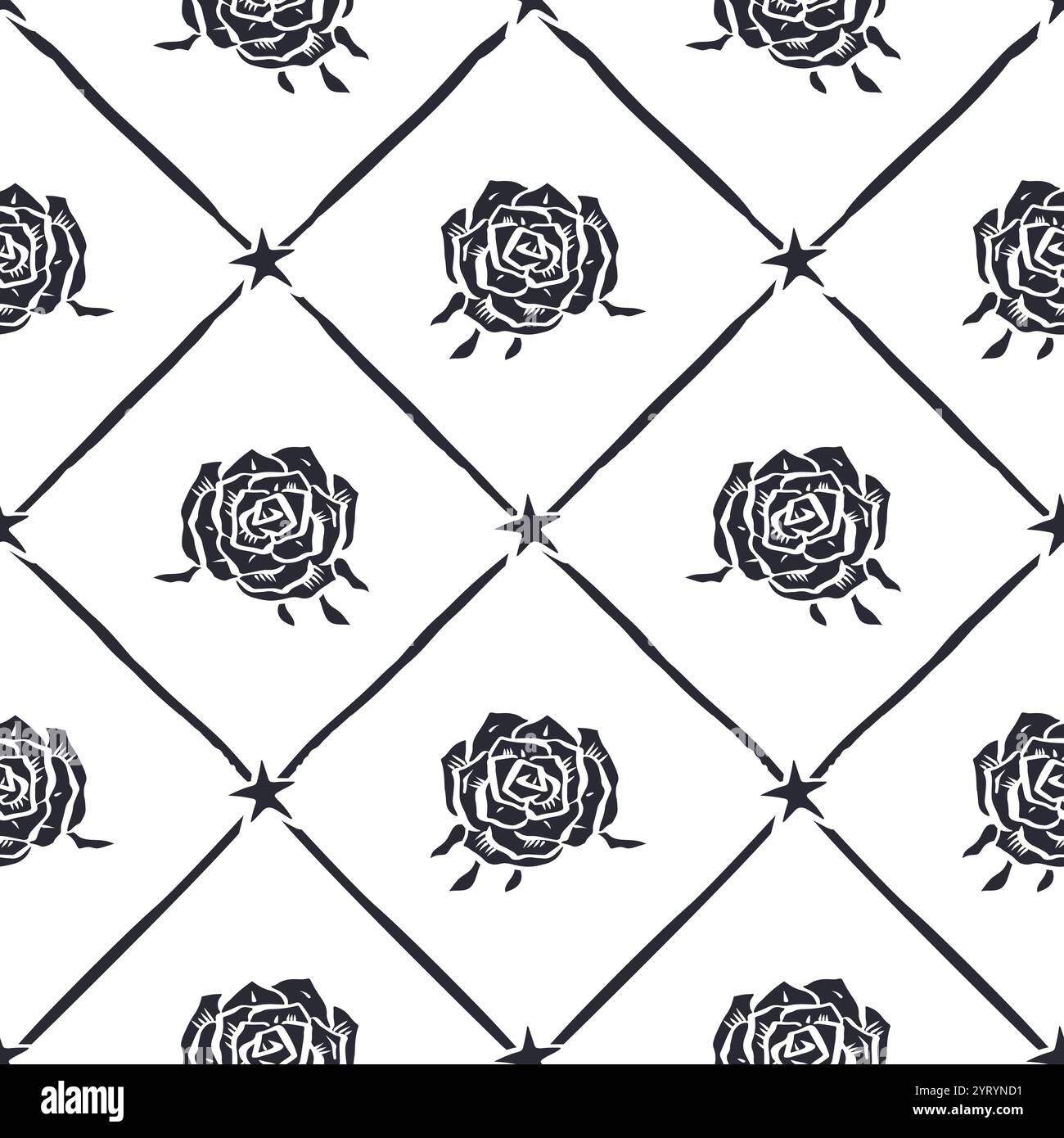 Seamless pattern with hand drawn black and white rose flowers inside ...