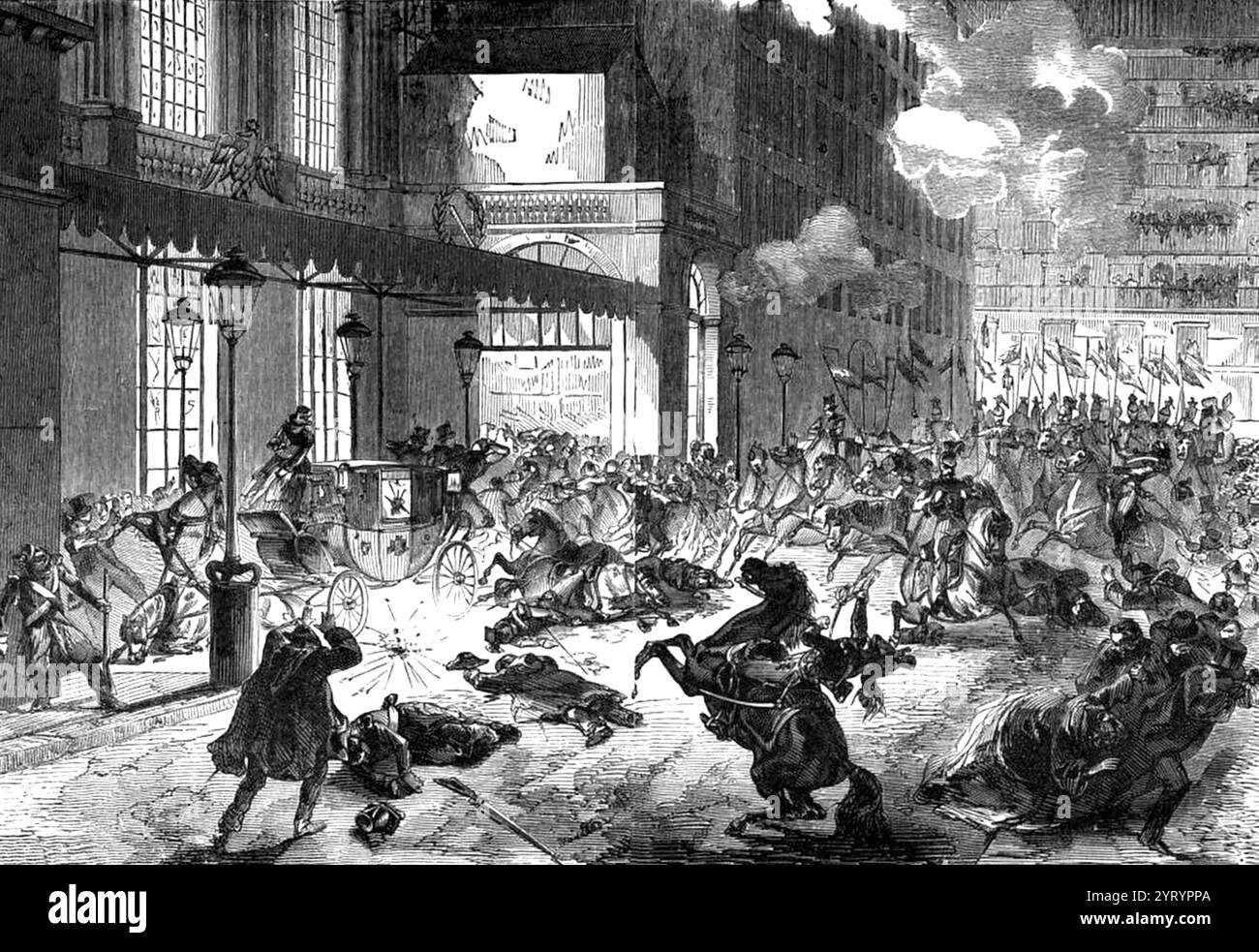 A depiction of the attempt made on 14 January 1858 by Felice Orsini, with other Italian nationalists and backed by English radicals, to assassinate Napoleon III in Paris. Stock Photo