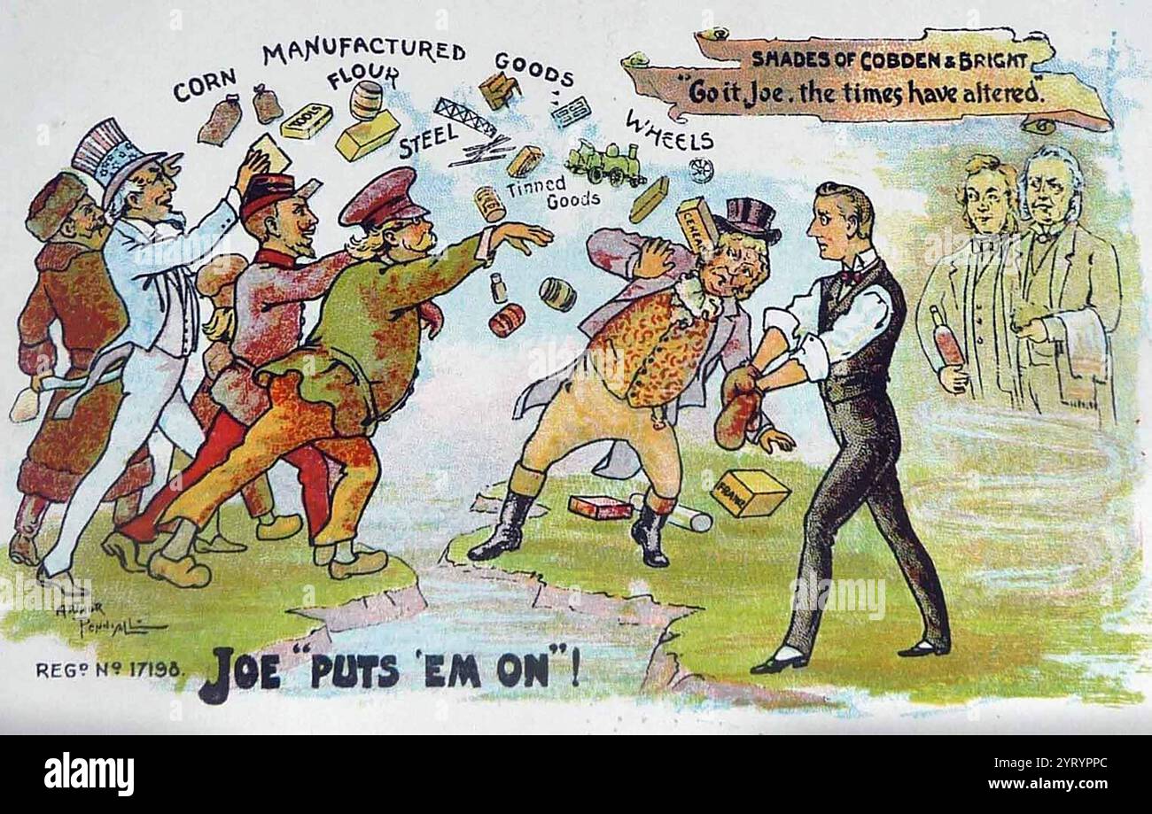 Postcard depicting Joseph Chamberlain opposing Irish Home Rule in 1886. Chamberlain (1836 ? 1914), was a British statesman who was first a radical Liberal, then a Liberal Unionist after opposing home rule for Ireland. He split both major British parties in the course of his career. Stock Photo