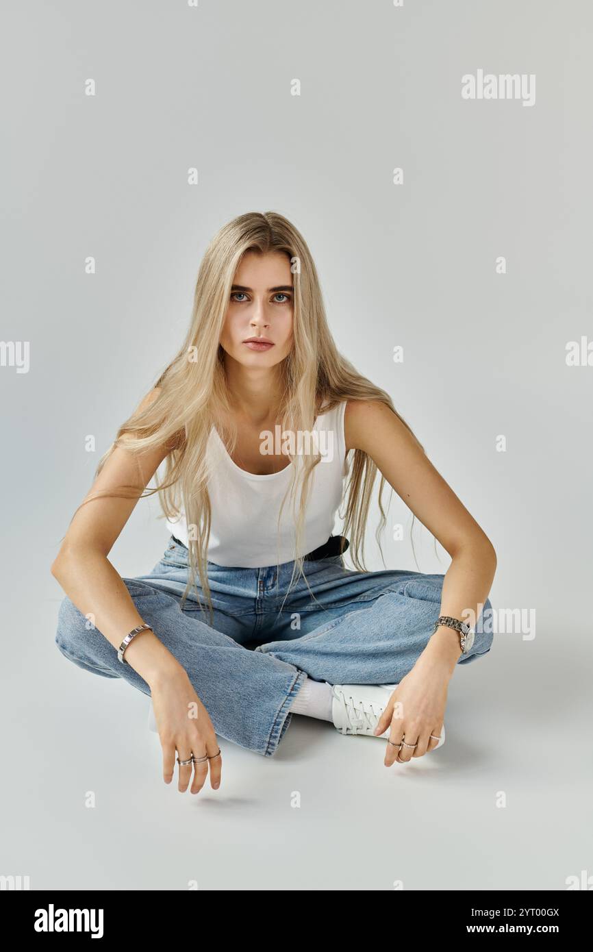 A young woman with long blonde hair confidently poses in a studio ...